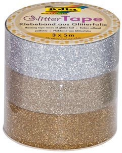 Folia glittertape zilver en goud rolletje met 3 stuks