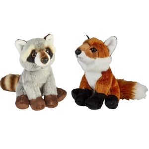 Bosdieren zachte pluche knuffels 2x stuks - Vos en Wasbeer van 15 cm