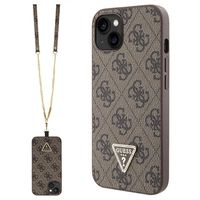 iPhone 15 Guess 4G Strass Triangle Metal Logo Case with Crossbody Strap - Brown - thumbnail