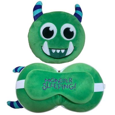 Groen monster knuffel/reiskussen/slaapmasker 3-in-1 voor kinderen Groen monster knuffel/reiskussen/slaapmasker 3-in-1 voor kinderen