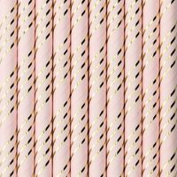 Drinkrietjes - papier - 10x - roze/goud strepen - 19,5 cm - rietjes - thumbnail