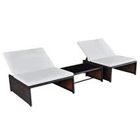 vidaXL 2x Ligbed met Tafel Ligbedden Ligstoel Lounger Stoel Tuinstoel Tuinbed Loungebed Loungestoel Loungemeubel Tuinmeubel Poly Rattan Bruin