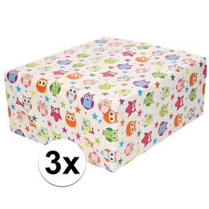 3x Cadeaupapier wit met gekleurde uiltjes 200 cm