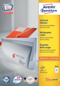 Avery Zweckform 3652, Universele etiketten, Ultragrip, wit, 100 vel, 21 per vel, 70 x 42,3 mm