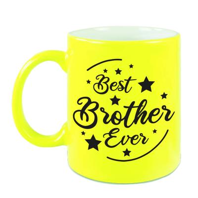 Best Brother Ever cadeau mok / beker neon geel 330 ml - feest mokken