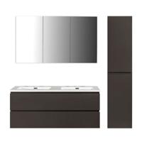 Badkamermeubel Set Callisto Diamond Hangend 120x50x48cm Mat Grijs Softclose Greeploos Mineraalmarmer Wastafel Zonder Kraangat Overloop met Spiegelkast en Badkamerkast