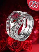 3Ps Silver Heart Holding Hand Pattern Full Diamond Ring Set Valentine's Day Gift Jewelry