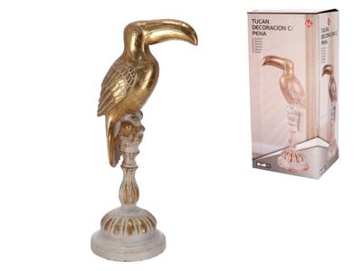 Gouden Toekan op standaard 37cm hoog - Beeld - Woondecoratie - Toucan - 17x12x37cm