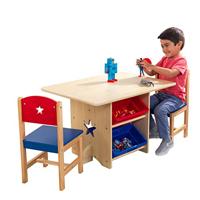 KidKraft 26912 Star, set van houten tafel met 2 stoelen en opbergbakken, meubels voor de kinderslaapkamer of speelkamer, rood en blauw