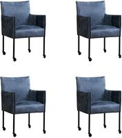 Set van 4 Blauwe leren moderne kuipstoel More - poot rond zwart met wiel - Kenia Leer Denim (blauw leer) - thumbnail