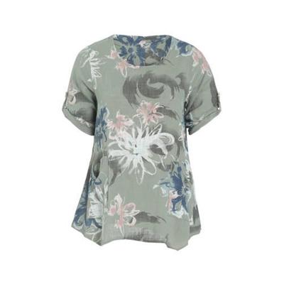 Paprika gebloemde top grijsgroen