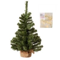 Volle kerstboom in jute zak 60 cm inclusief warm witte kerstverlichting - thumbnail