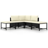 5-delige Loungeset met kussens poly rattan zwart