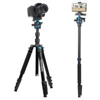 MOJOGEAR Swift Fotostatief 175cm met monopod voor Camera en Smartphone - Arca Swiss - Statief inclusief telefoonhouder - Afneembare Monopod - Zwart/Blauw
