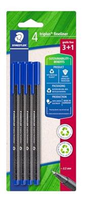 Staedtler - Triplus fineliner 334 - Blister 4 driehoekige viltstiften - Superfijne punt 0,3 mm blauw - Gemaakt van 97% gerecycled kunststof - 334 R-3BK4