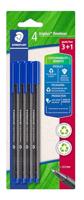 Staedtler - Triplus fineliner 334 - Blister 4 driehoekige viltstiften - Superfijne punt 0,3 mm blauw - Gemaakt van 97% gerecycled kunststof - 334 R-3BK4