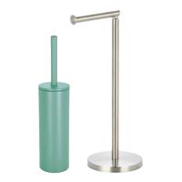 Badkamer accessoires set - WC-borstel/toilet rollen houder - metaal/porselein - groen