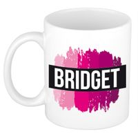 Naam cadeau mok / beker Bridget met roze verfstrepen 300 ml - thumbnail