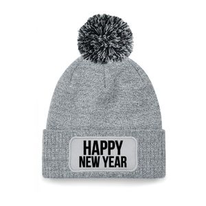 Happy New Year muts met pompon unisex - one size - grijs