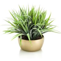 Kunstplant - siergras - groen - in gouden pot - 33 cm   - - thumbnail