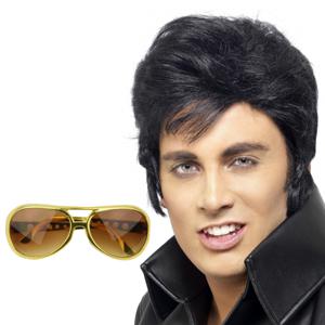 Rock and Roll ster Elvis verkleed set - herenpruik zwart met kuif - en bril goud montuur