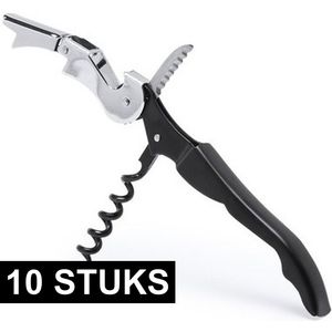 10x Zwart met zilveren RVS kurkentrekkers met flesopener en mes   -