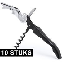 10x Zwart met zilveren RVS kurkentrekkers met flesopener en mes   -