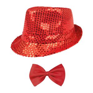 Carnaval verkleed set - hoedje en vlinderstrikje - rood - volwassenen - glitters