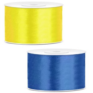 Sierlinten/cadeaulinten/satijnen linten - Set 2x stuks - geel en kobalt blauw - 38 mm x 25 meter