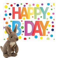 Pluche dieren knuffel kangoeroe 20 cm met Happy Birthday wenskaart - thumbnail