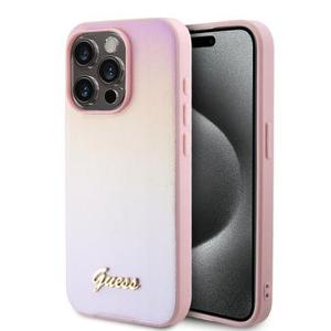 iPhone 15 Pro Guess Iridescent Metal Script Hybrid Hoesje - Roze