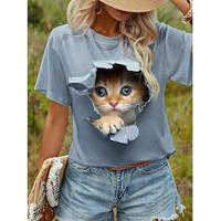 Dames T-shirt 3D cat Kat Afdrukken Dagelijks Weekend Modieus Korte mouw Ronde hals Wit Zomer Lightinthebox