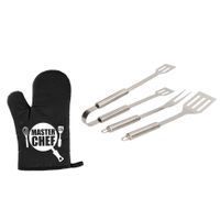 Barbecue/bbq gereedschap 3-delige set 33 cm van RVS met BBQ handschoen Masterchef - thumbnail