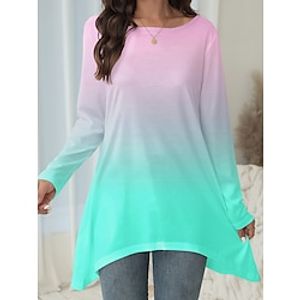 Dames Overhemd Blouse Afdrukken Asymetrische zoom Casual Modieus Lange mouw Ronde hals Geel Lente Lightinthebox