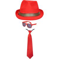 Carnaval verkleedset Men in red - hoed/bril/stropdas - rood - heren/dames - verkleedkleding - thumbnail