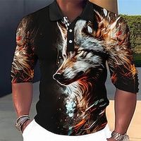 dier Wolf Abstract Voor heren golfpolo Lange mouw Buiten Casual / Dagelijks Streetwear Herfst winter 3D Afdrukken Strijkijzer Rood Blauw Groen Polyester Lightinthebox