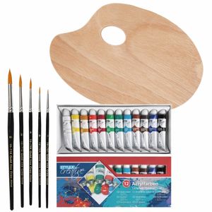 Hobby verfset voor kinderen met acrylverf schilderspalet en 5 kwasten