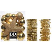 Kerstversiering kerstballen 5-6-8 cm met ster piek en folieslingers pakket goud van 35x stuks - thumbnail