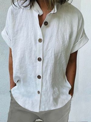 Buttoned Casual Cotton Plain Blouse