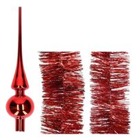 Kerstversiering glazen piek glans 26 cm en folieslingers pakket rood van 3x stuks - thumbnail