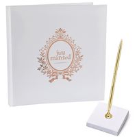 Gastenboek/receptieboek met luxe pen in houder - Bruiloft - rose goud/wit - 24 x 24 cm - thumbnail