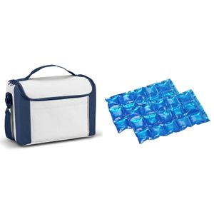 Kleine koeltas voor lunch blauw/wit met 2 stuks flexibele koelelementen 8 liter