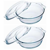 Set van 2x stuks ronde glazen ovenschalen met deksel 3 liter 23 x 11 cm - thumbnail