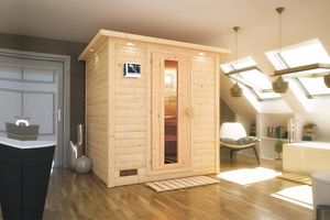 Karibu | Mojave Sauna met Dakkraag | Energiesparende Deur | Biokachel 9 kW Externe Bediening