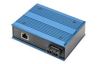 DIGITUS industriële Gigabit mediaconverter - 1x RJ45, 1x SC-Duplex 1310nm -Singlemode glasvezel - 20 km bereik - 10/100/1000 Mbps - DIN rail montage - zwart/blauw