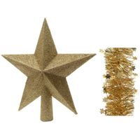 Kerstversiering kunststof glitter ster piek 19 cm en sterren folieslingers pakket goud van 3x stuks - thumbnail