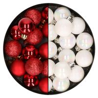 28x stuks kleine kunststof kerstballen rood en parelmoer wit 3 cm   - - thumbnail