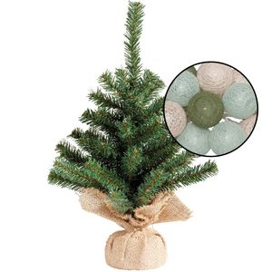 Mini kerstboom groen - met verlichting bollen groen/lichtroze - H45 cm