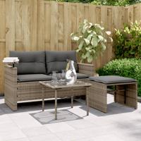 3-delige Loungeset met kussens poly rattan grijs - thumbnail