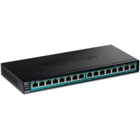 TRENDnet TPE-TG161H 16-poorts gigabit-PoE+-schakelaar, 16 x Gigabit PoE+-poorten, 120 W PoE-budget, tot 30 W per poort, 1 HE 19 inch rackmount houders inbegrepen, zonder ventilator, zwart